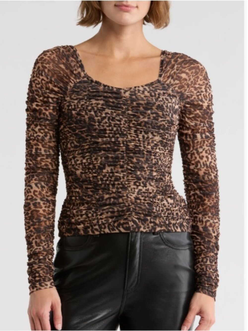 NWT MUSE Long Sleeve Rushed Mesh Top Brown Black Leopard
